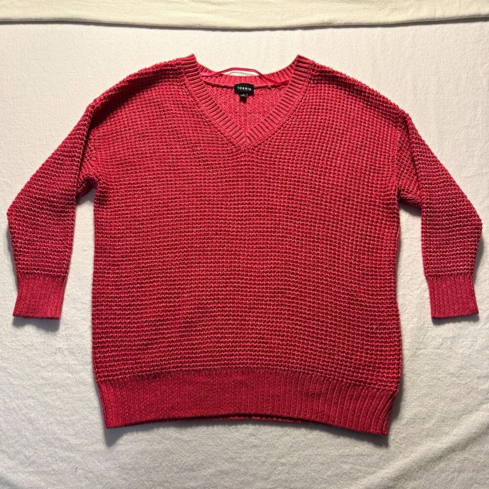 Torrid Red Waffle Knit V-Neck Sweater Size 2 18/20 Plus Size Pullover
